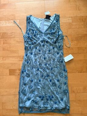 Embellished sequin Light Blue V-Neck Cocktail Dress
